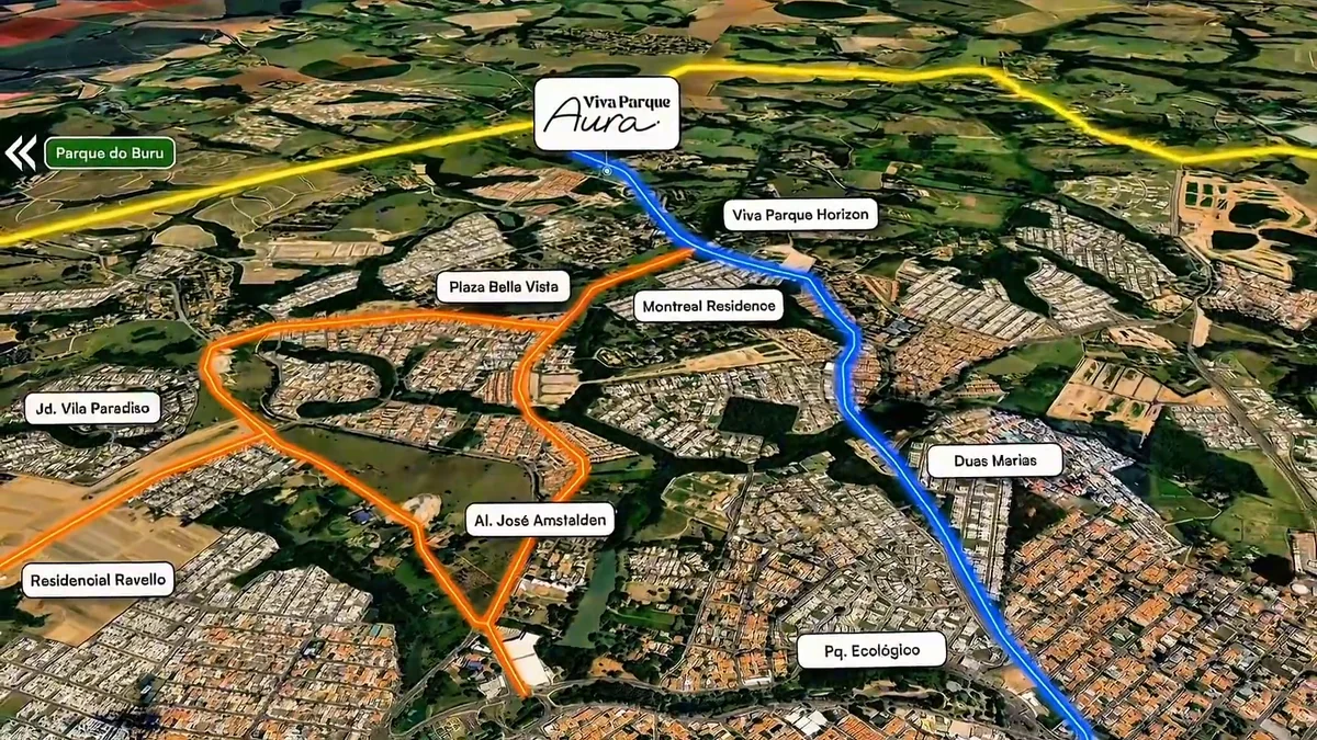 Mapa aéreo com o Viva Parque Aura no centro, novas avenidas e condomínios vizinhos (Viva Parque Horizon, Montreal Residence, Plaza Bella Vista e outros)