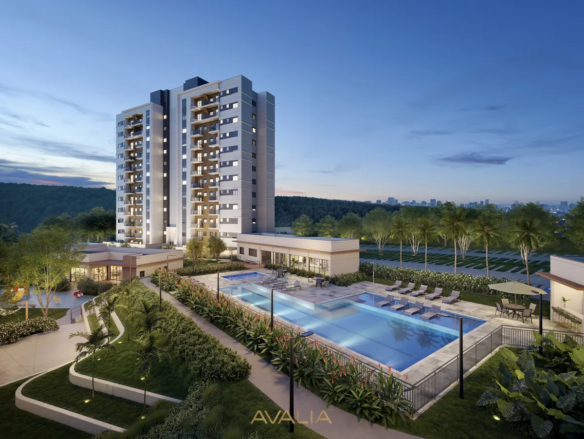 Render da fachada noturna do Viva Parque Aura com piscina